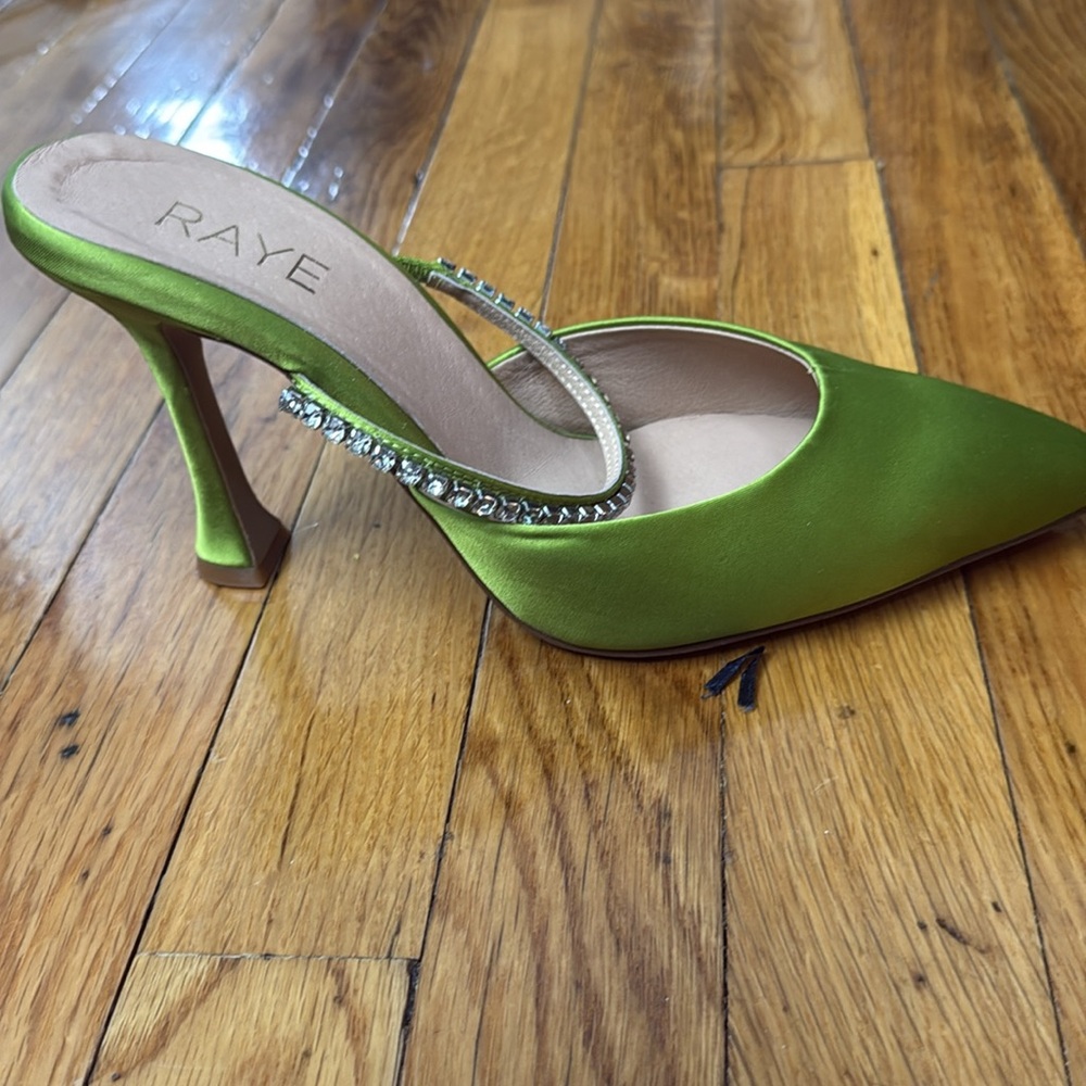 RAYE Neon Green Crystal-Embellished Pointed Satin Mules - Picture 5 of 5